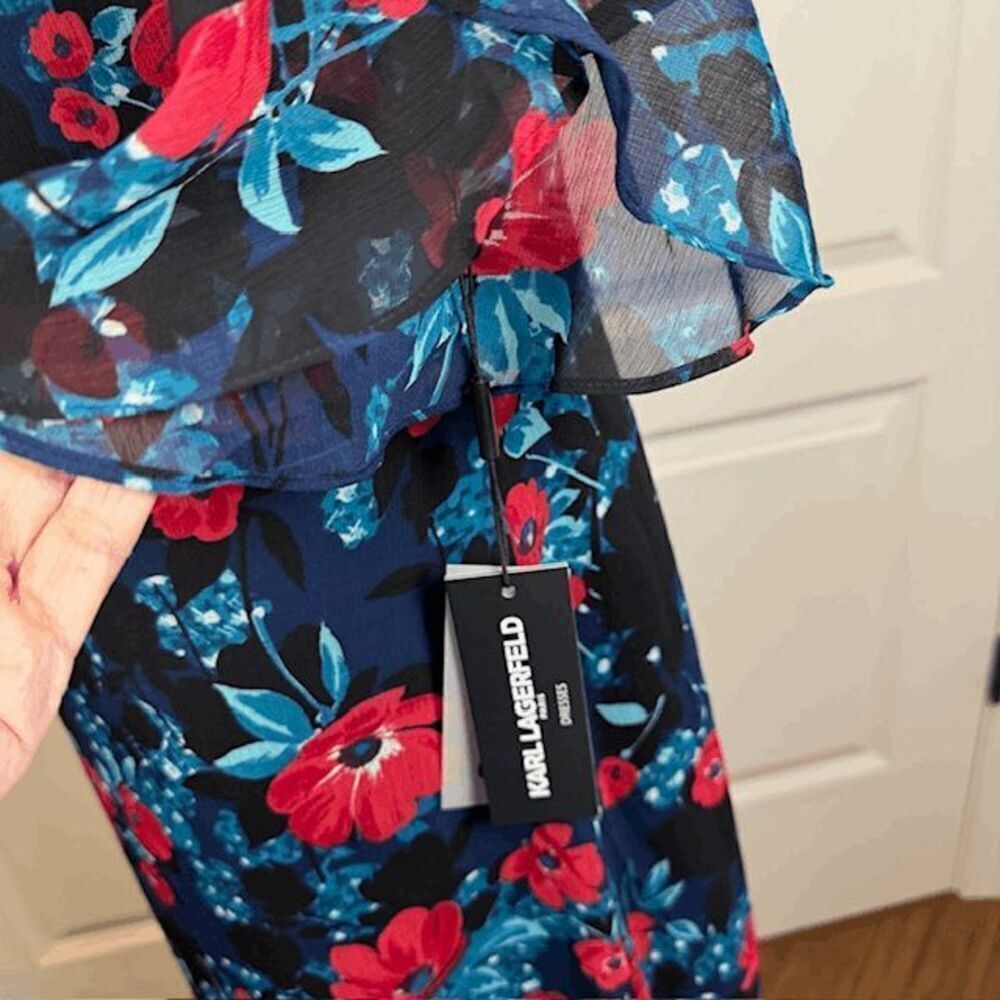 NWT Karl Lagerfeld Navy Floral Shift Dress Short Ruffle Flutter Sleeve‎ Size 10 - Picture 2 of 13